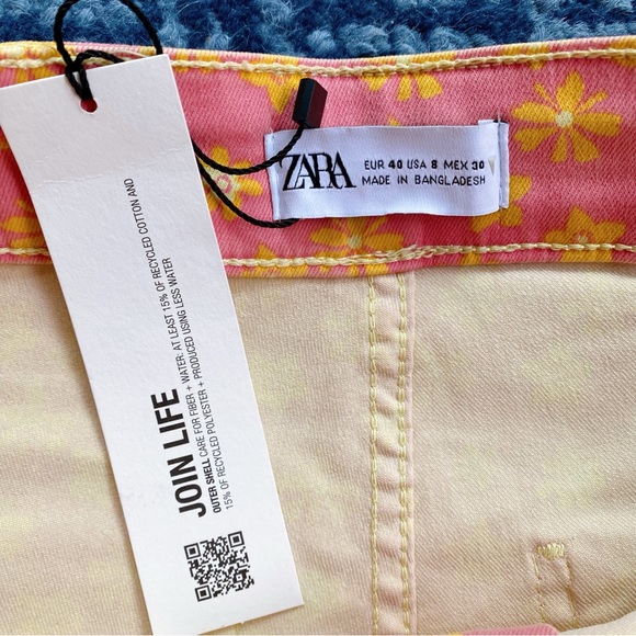 🌸 ZARA PINK YELLOW FLORAL HIGH WAIST CROPPED FLARE LEG JEANS! - Picture 9 of 15